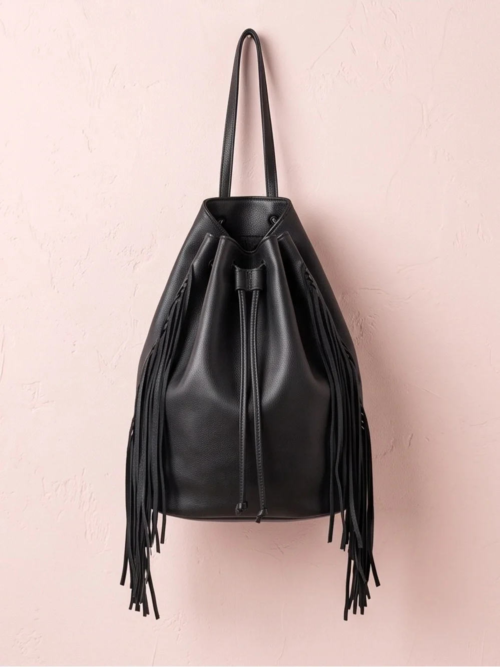 VICTORIA’S SECRET Black boho faux leather Fringe Drawstring Backpack bag